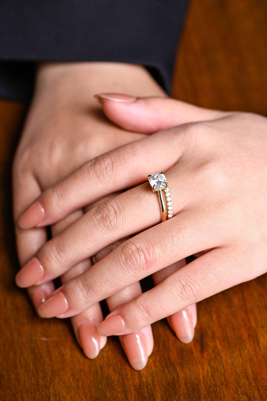 The Celina Bridal Set - Cushion Cut Solitaire Ring with Diamond Wedding Band