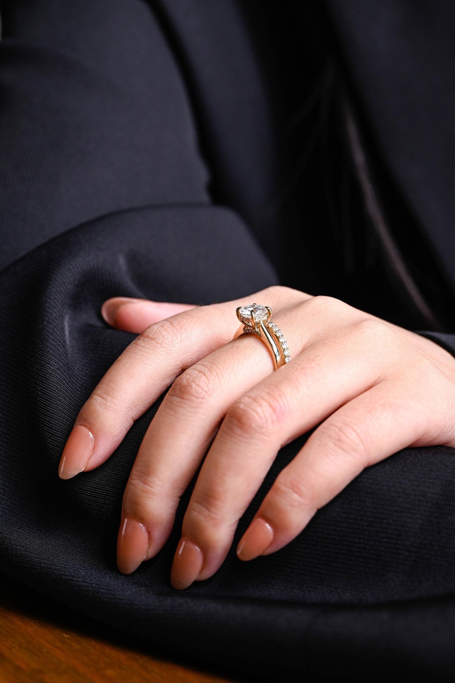 The Celina Bridal Set - Cushion Cut Solitaire Ring with Diamond Wedding Band