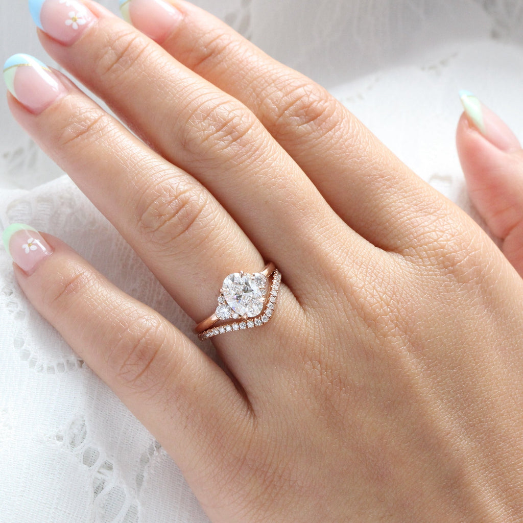 The Evelina Bridal Set - Oval Three Stone Diamond Ring with Contour Band