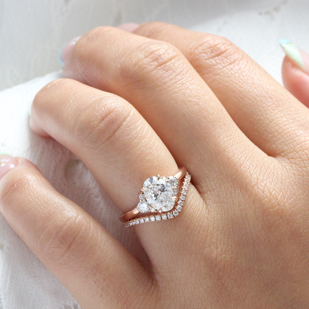 The Evelina Bridal Set - Oval Three Stone Diamond Ring with Contour Band