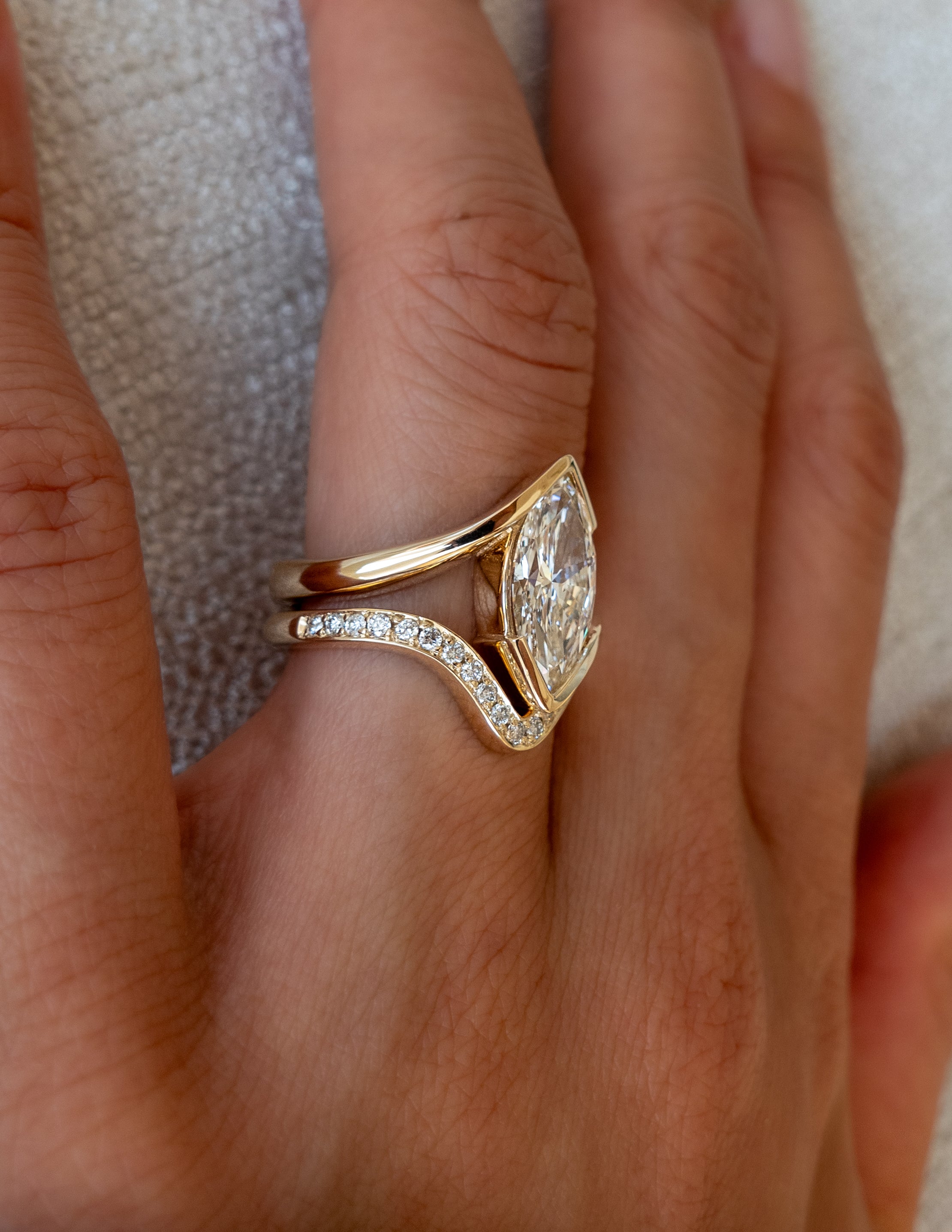 The Marielle Bridal Set - Marquise Diamond Ring with Wave Contour Band