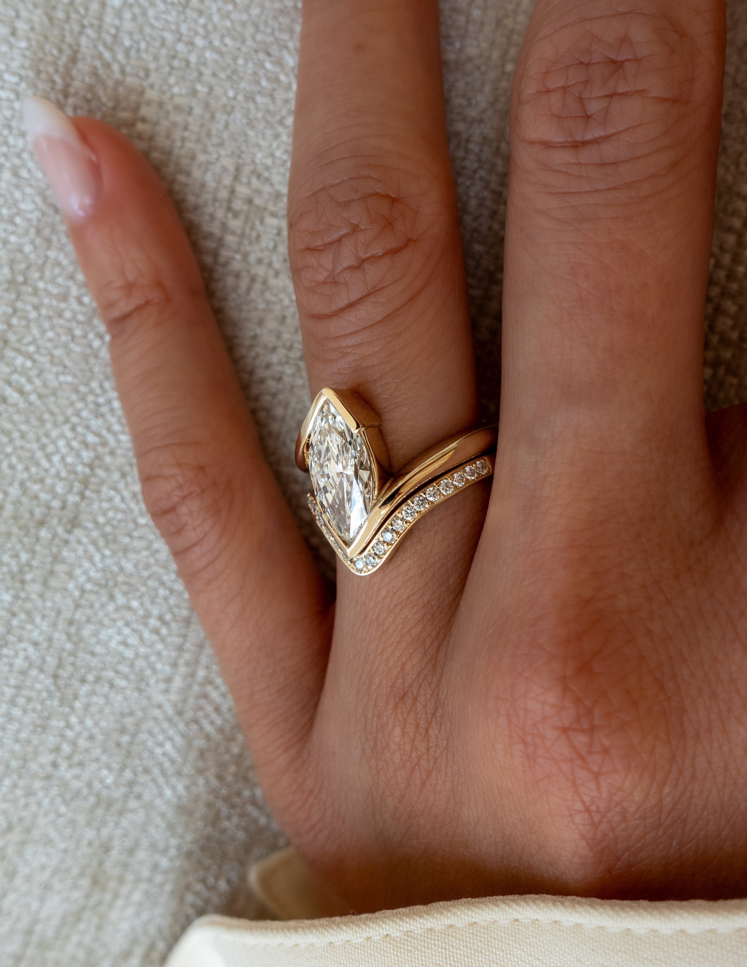 The Marielle Bridal Set - Marquise Diamond Ring with Wave Contour Band