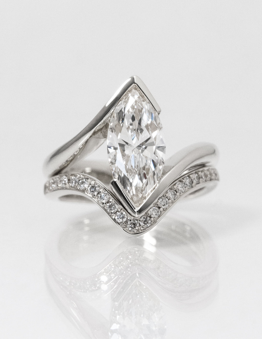 The Marielle Bridal Set - Marquise Diamond Ring with Wave Contour Band