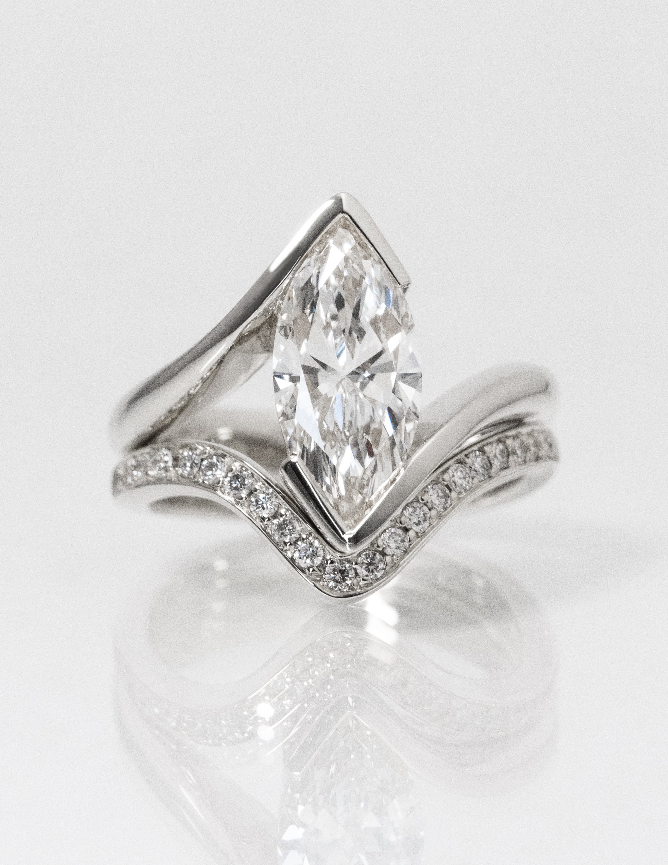 The Marielle Bridal Set - Marquise Diamond Ring with Wave Contour Band
