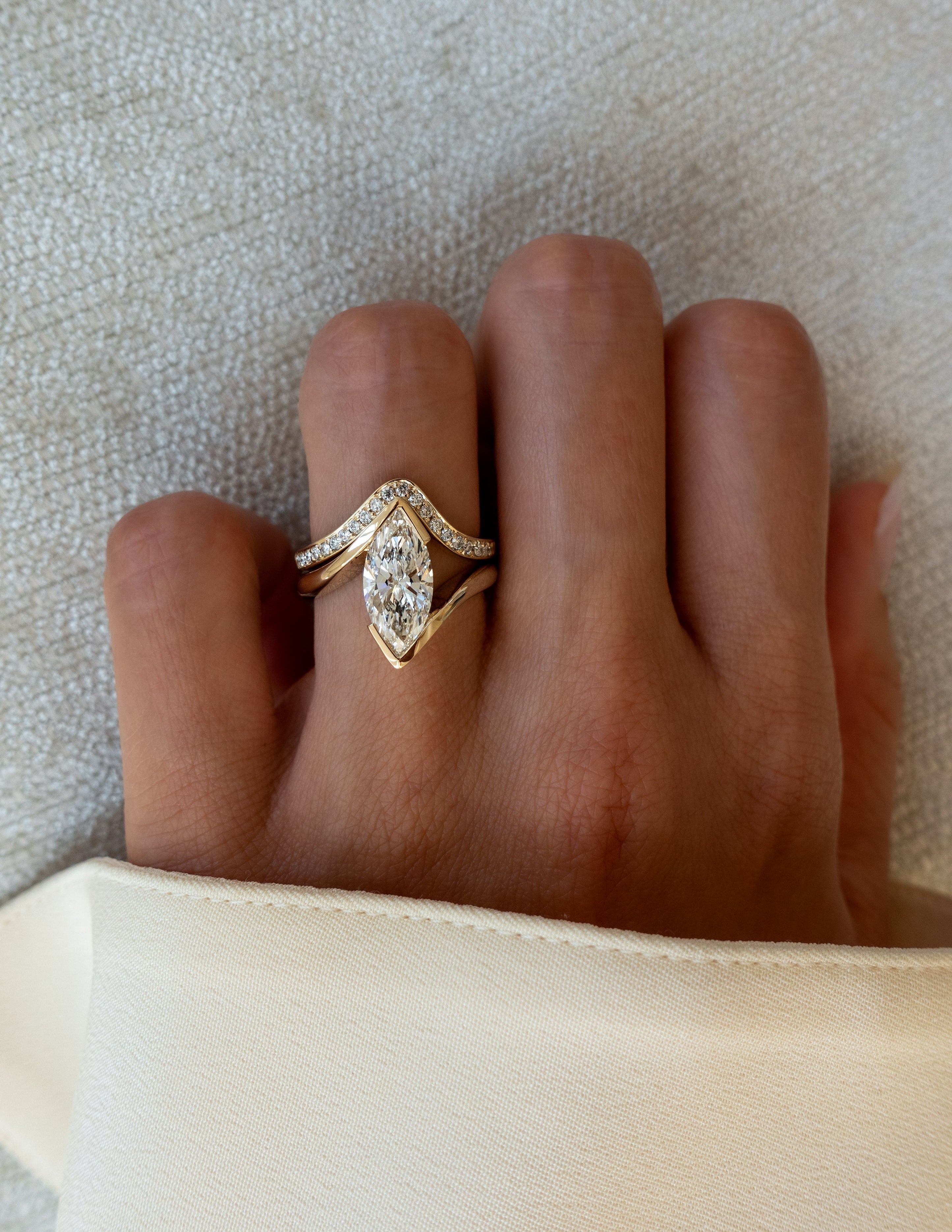 The Marielle Bridal Set - Marquise Diamond Ring with Wave Contour Band
