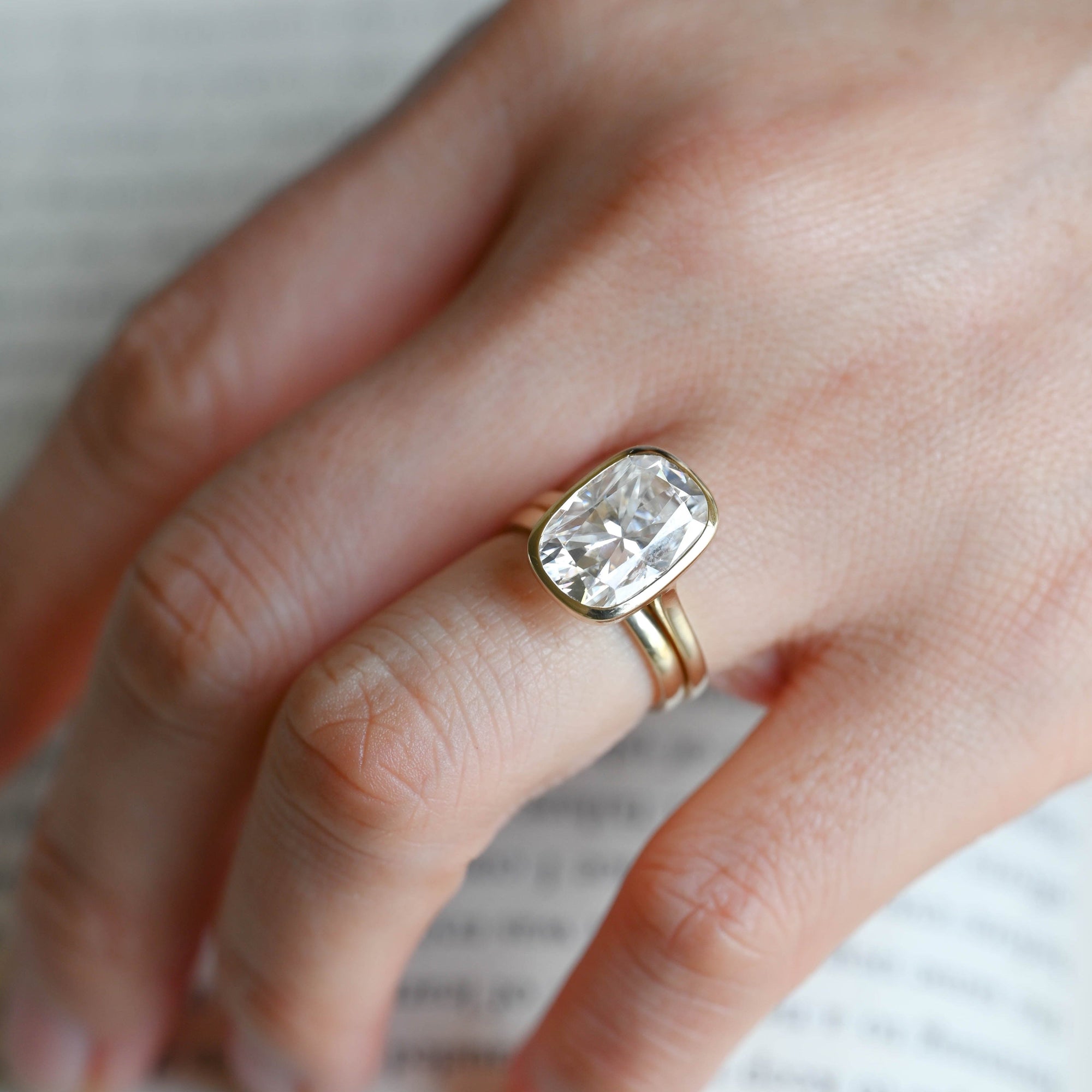 The Noelle Bridal Set - Bezel Cushion Engagement Ring with Wedding Band