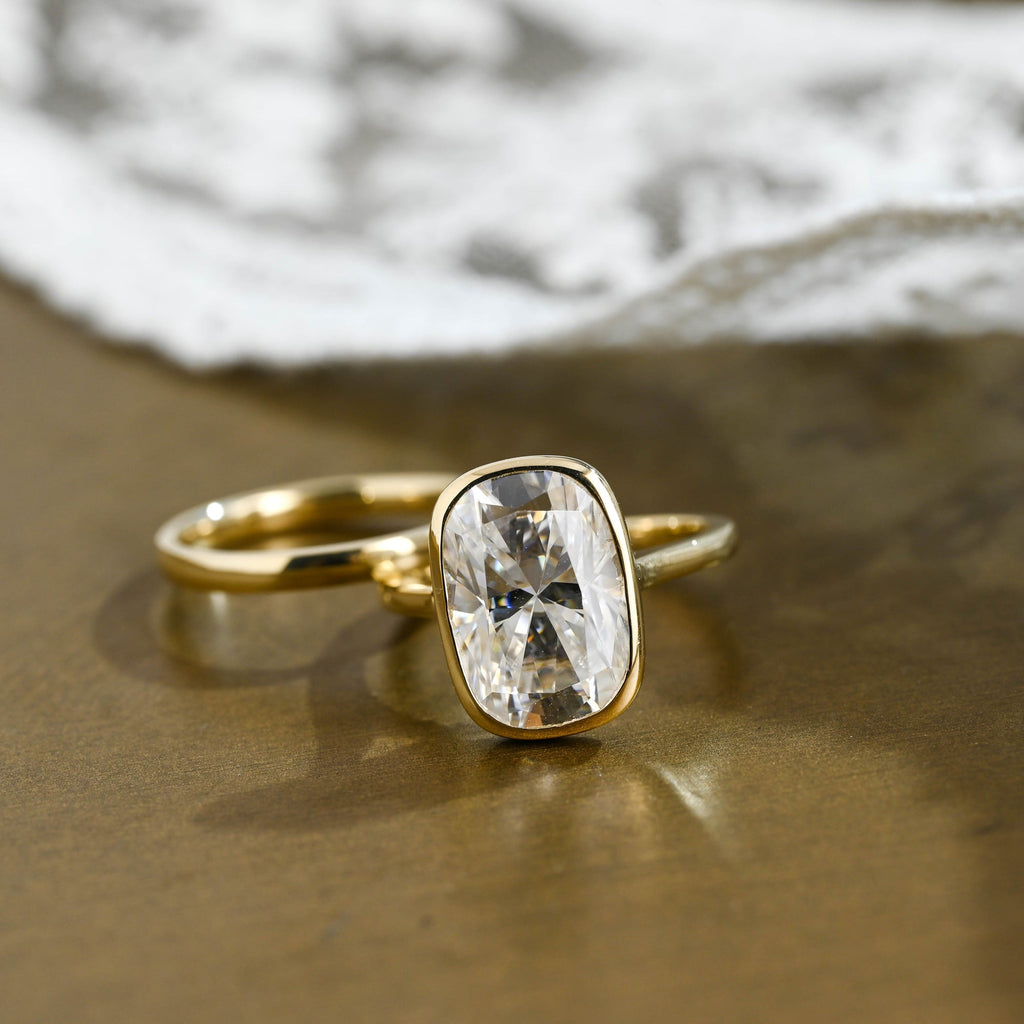 The Noelle Bridal Set - Bezel Cushion Engagement Ring with Wedding Band