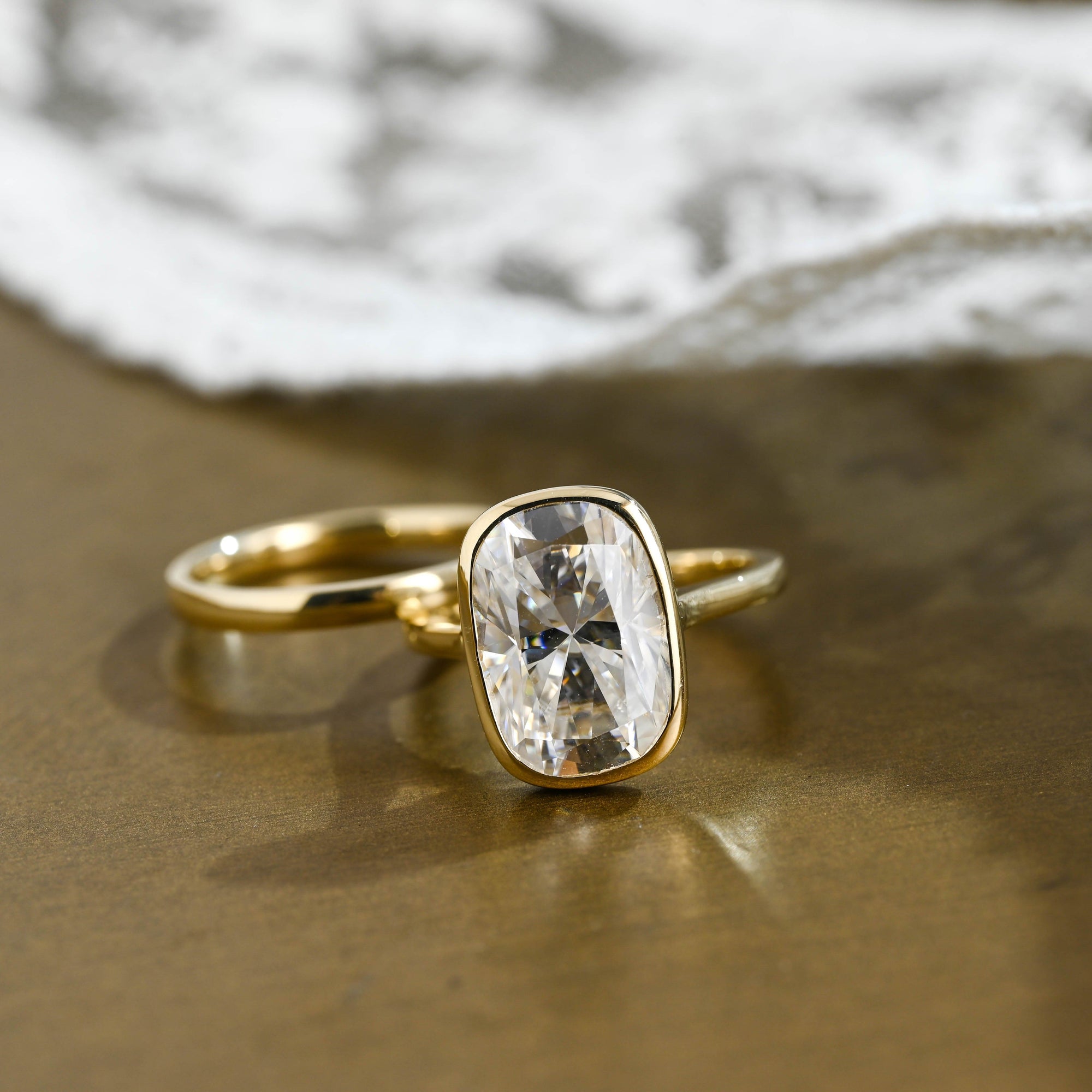 The Noelle Bridal Set - Bezel Cushion Engagement Ring with Wedding Band