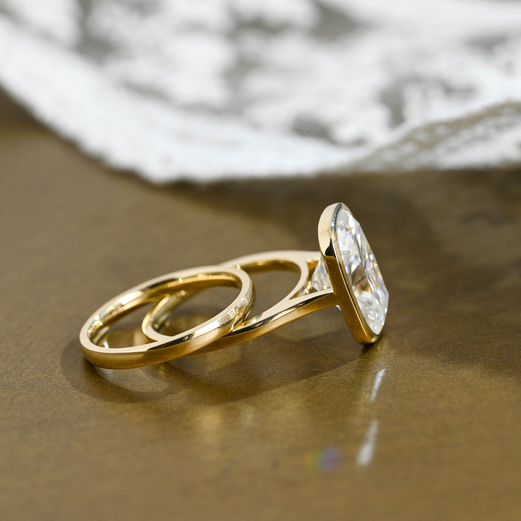The Noelle Bridal Set - Bezel Cushion Engagement Ring with Wedding Band