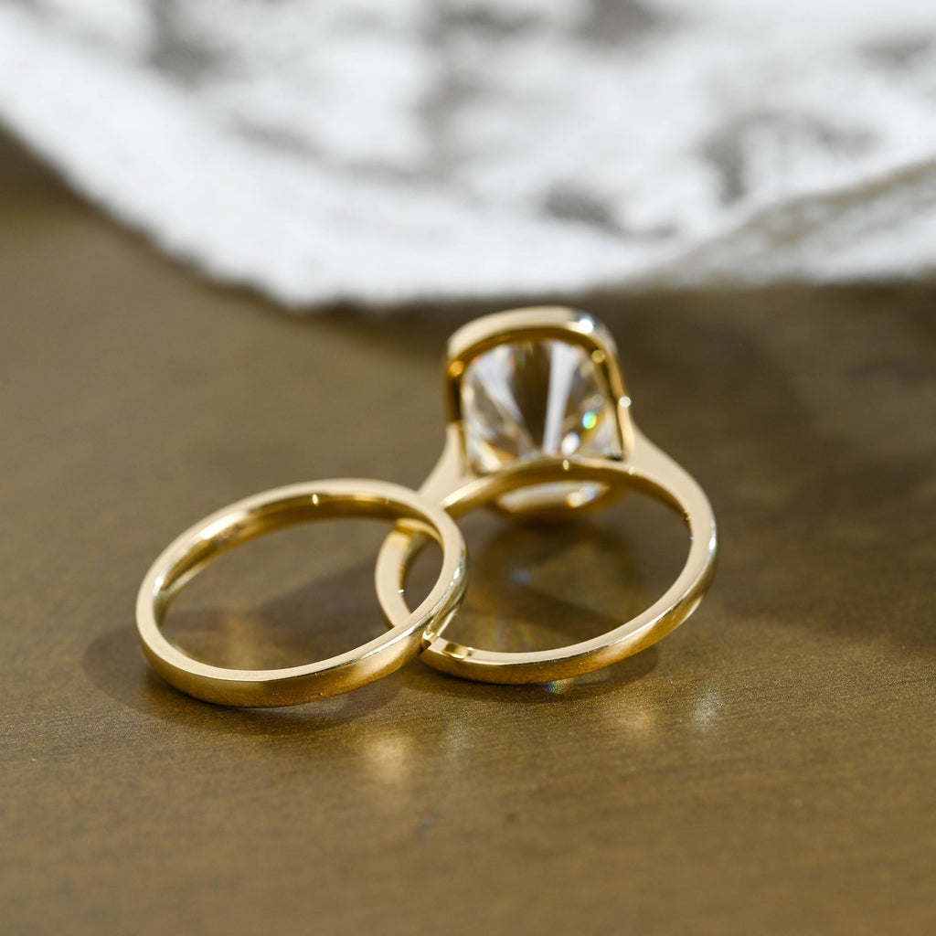 The Noelle Bridal Set - Bezel Cushion Engagement Ring with Wedding Band