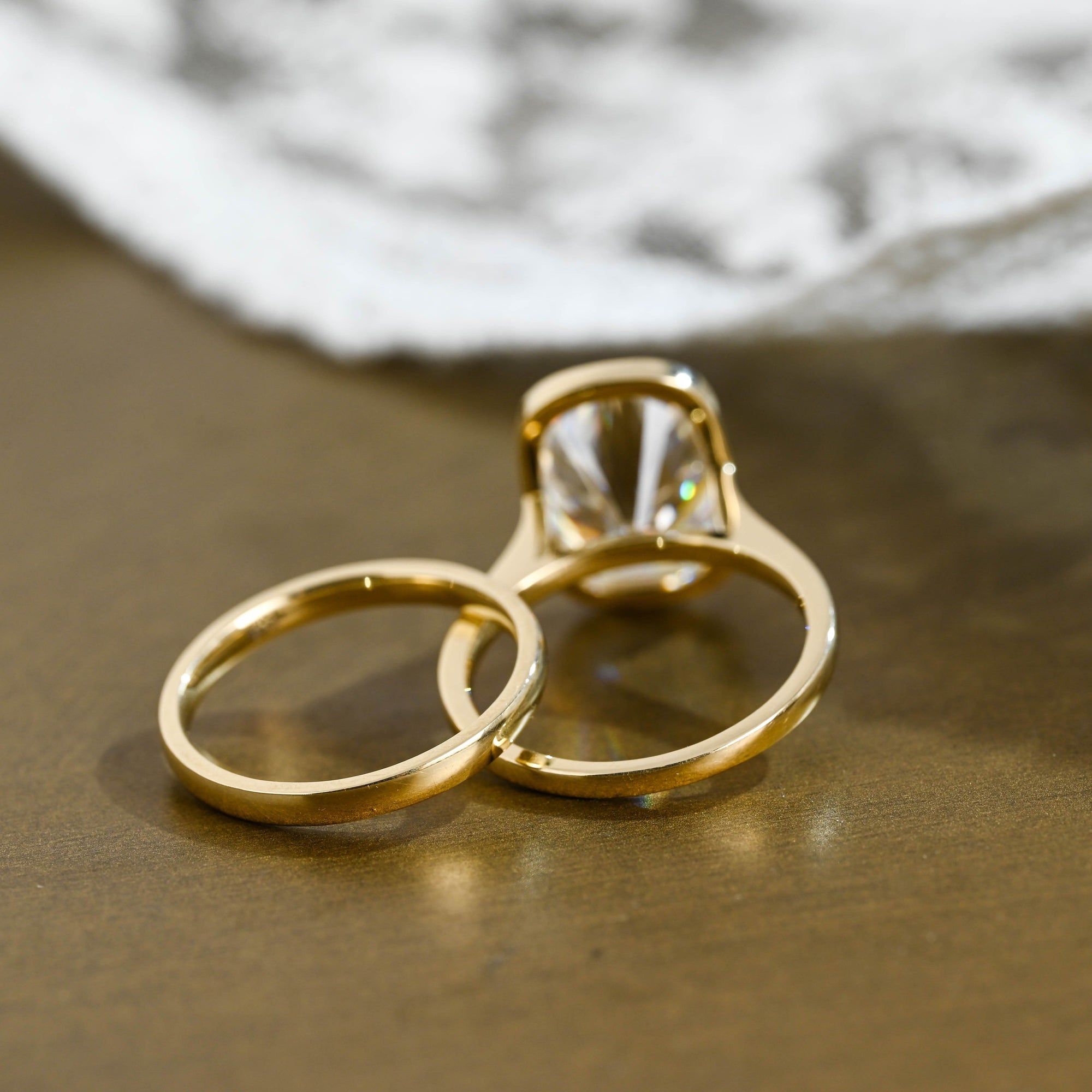 The Noelle Bridal Set - Bezel Cushion Engagement Ring with Wedding Band