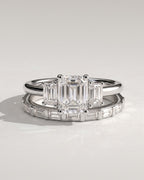 The Astoria Bridal Set - Emerald Cut Three Stone Ring with Baguette Band