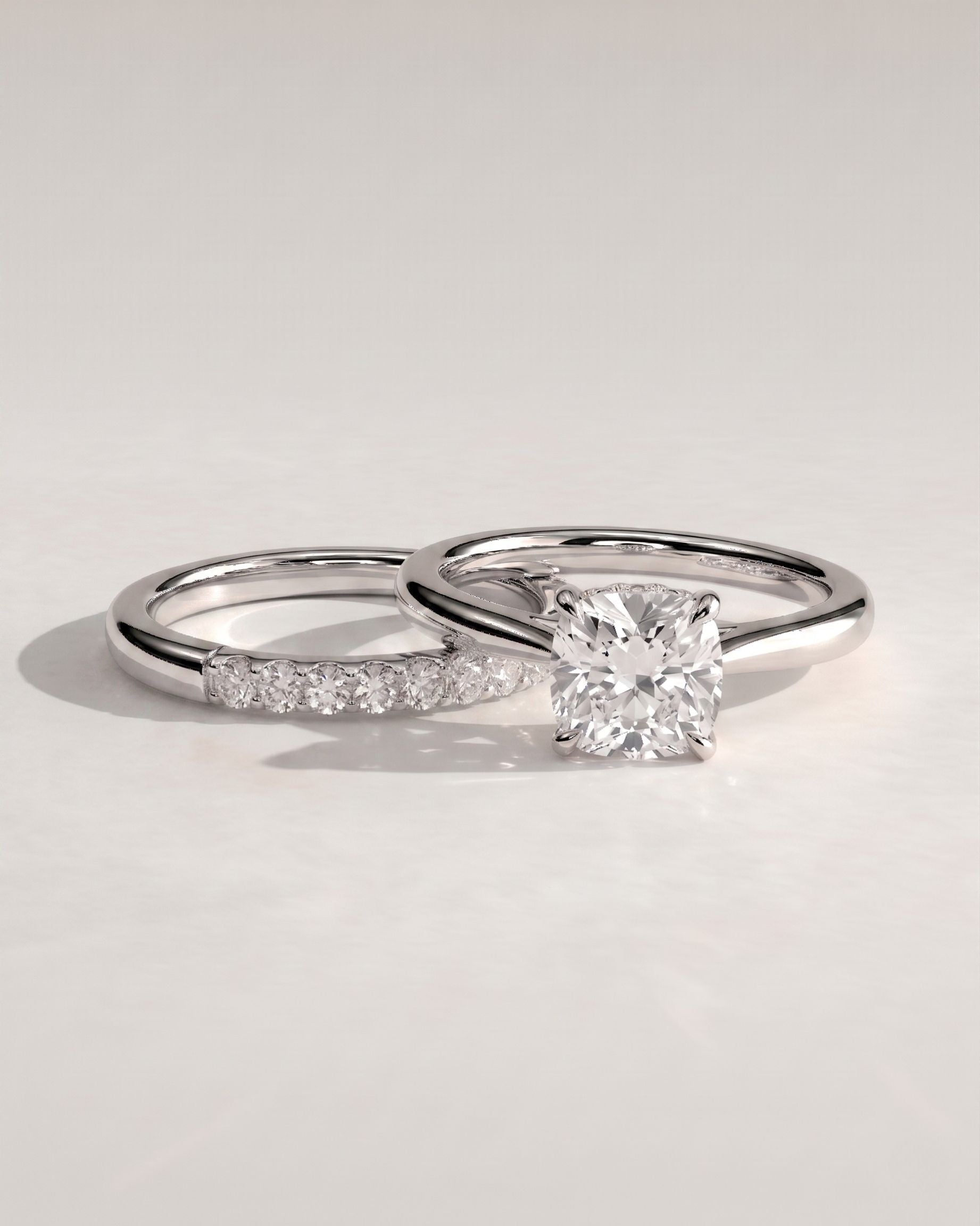 The Celina Bridal Set - Cushion Cut Solitaire Ring with Diamond Wedding Band