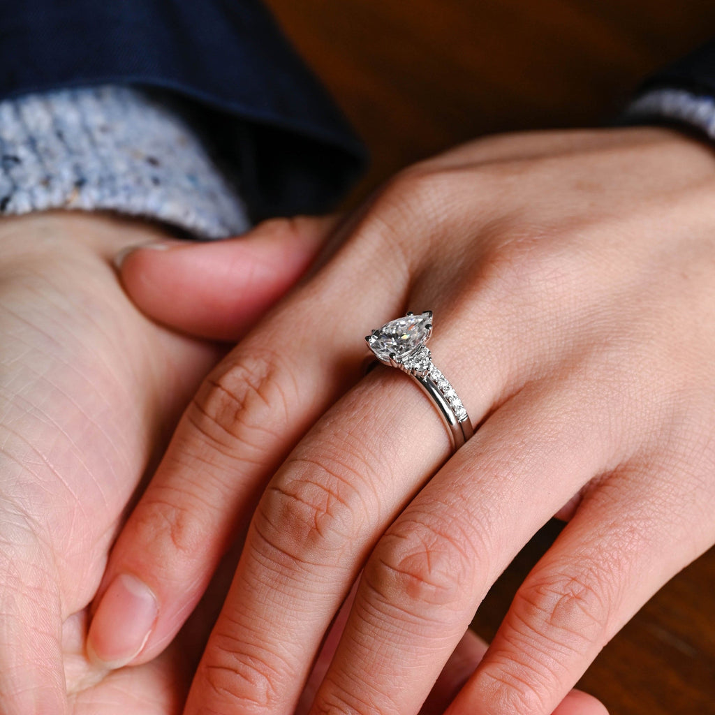 The Eliana Bridal Set - Pear Three Stone Ring with Pavé Wedding Band