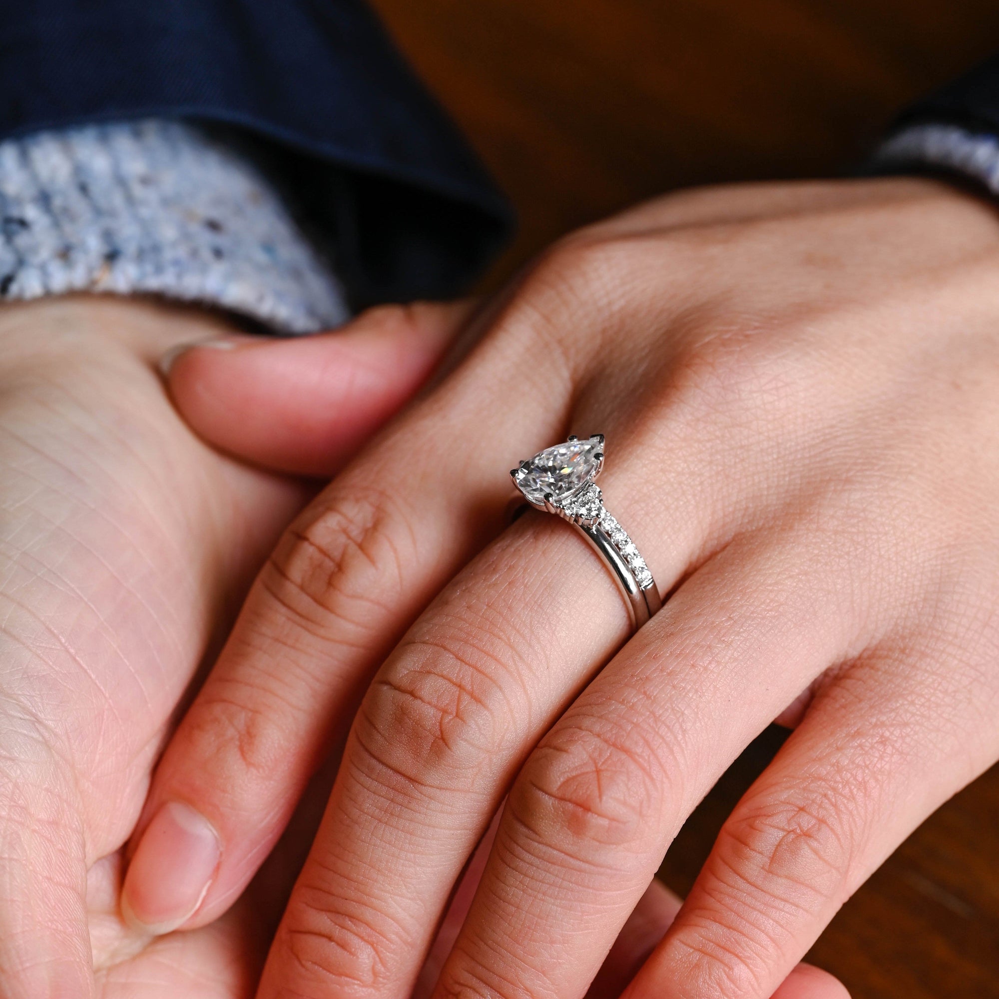 The Eliana Bridal Set - Pear Three Stone Ring with Pavé Wedding Band
