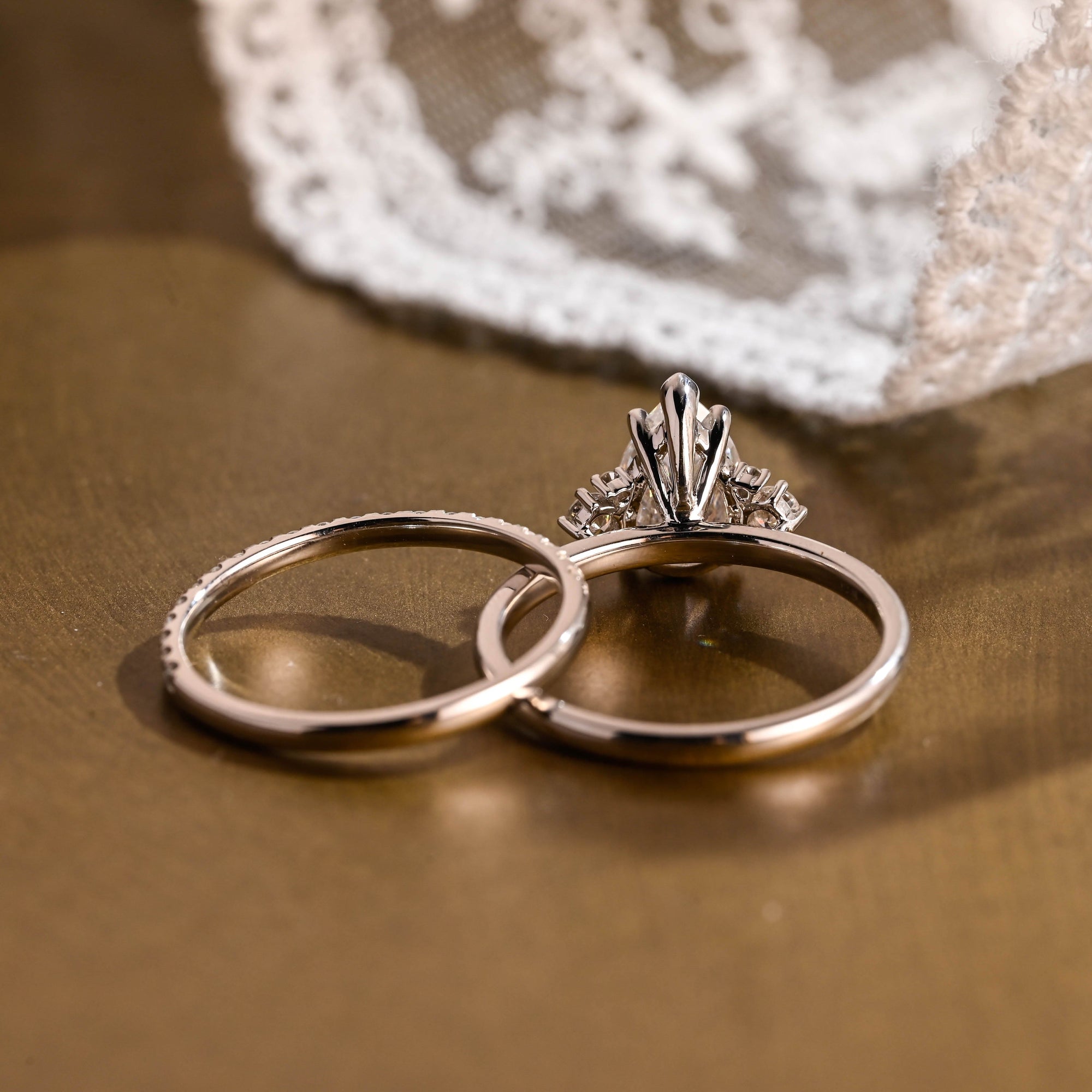 The Eliana Bridal Set - Pear Three Stone Ring with Pavé Wedding Band