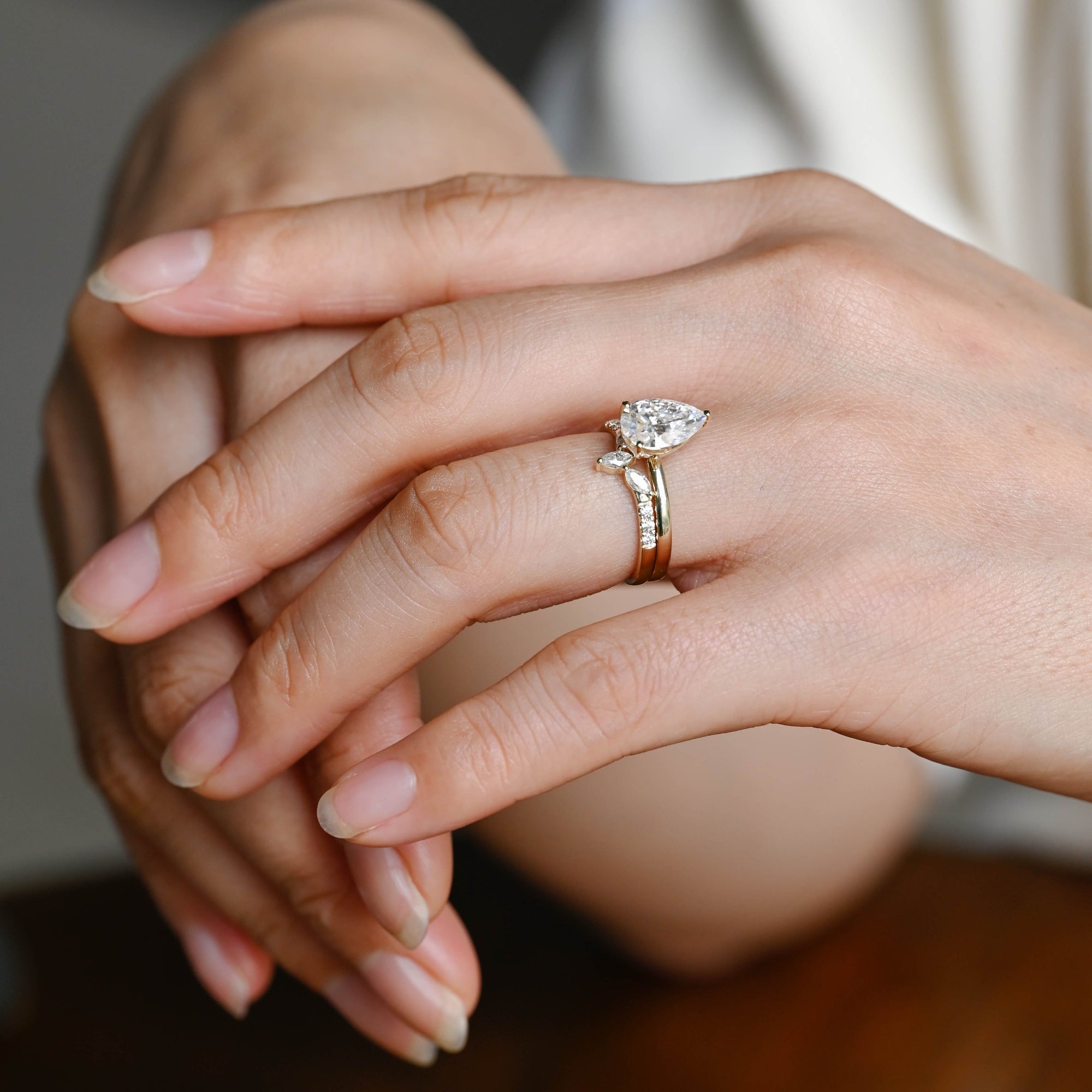 The Fiora Bridal Set - Pear Diamond Ring with Marquise Leaf Wedding Band