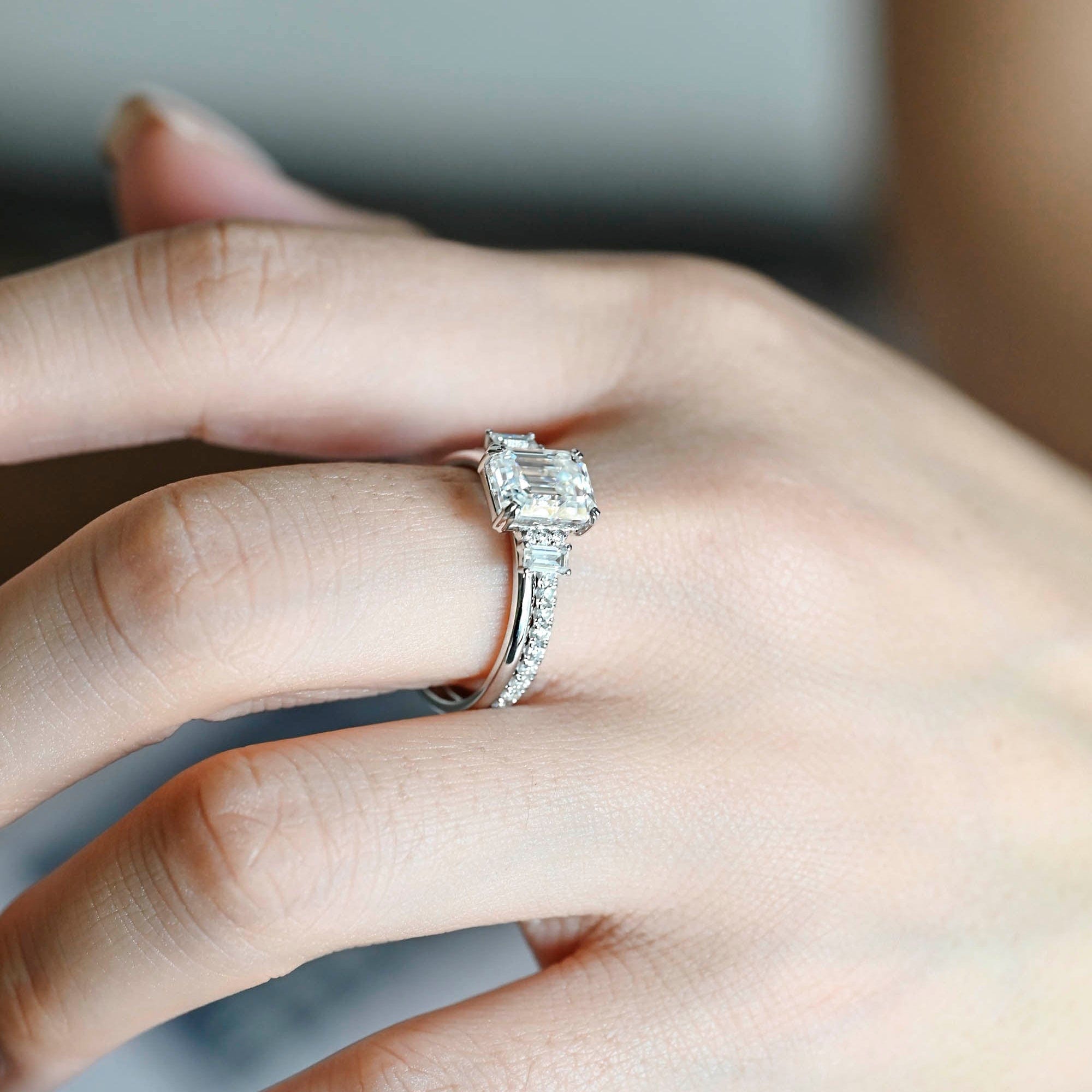 The Geneva Bridal Set - Emerald Cut Three Stone Ring with Pavé Wedding Band