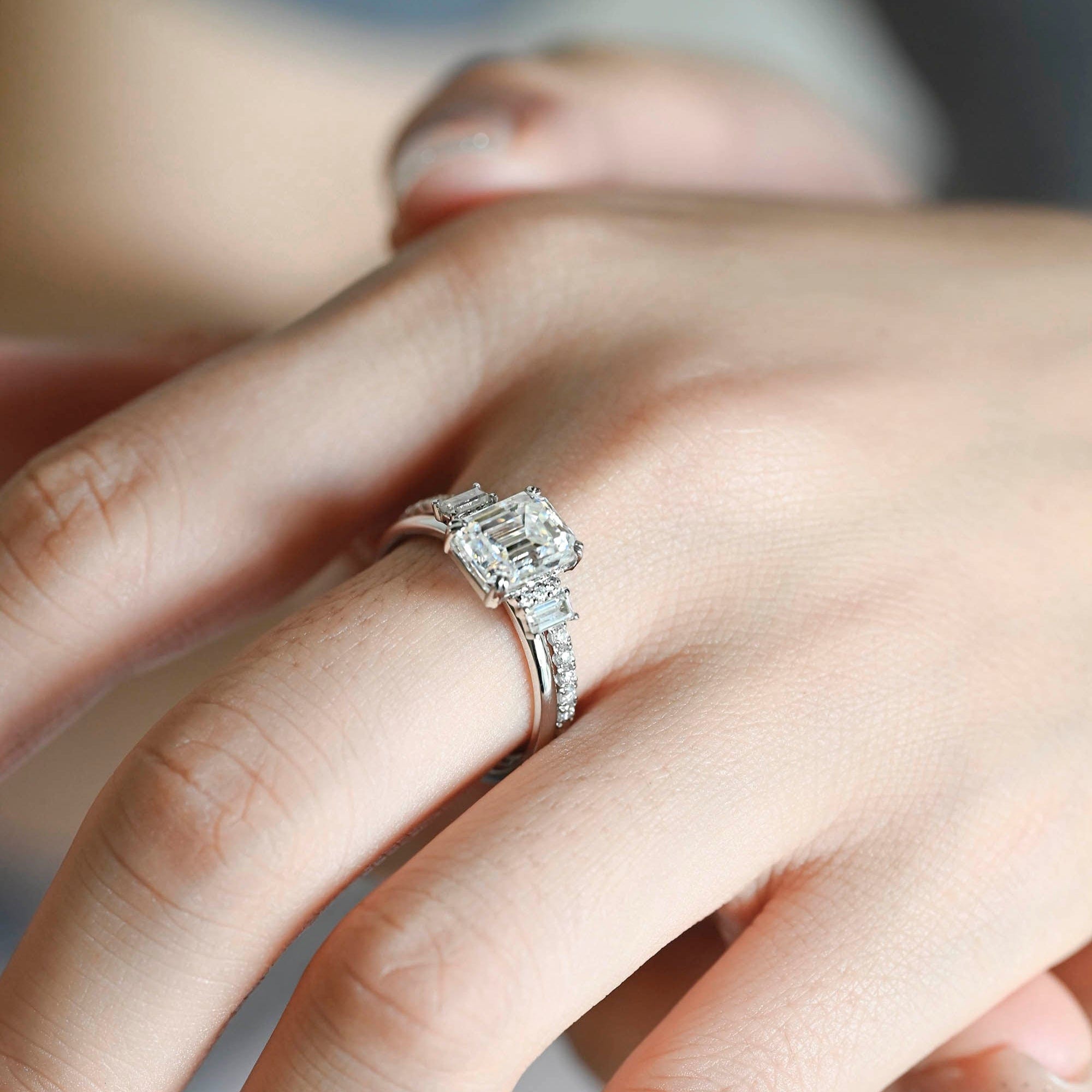 The Geneva Bridal Set - Emerald Cut Three Stone Ring with Pavé Wedding Band