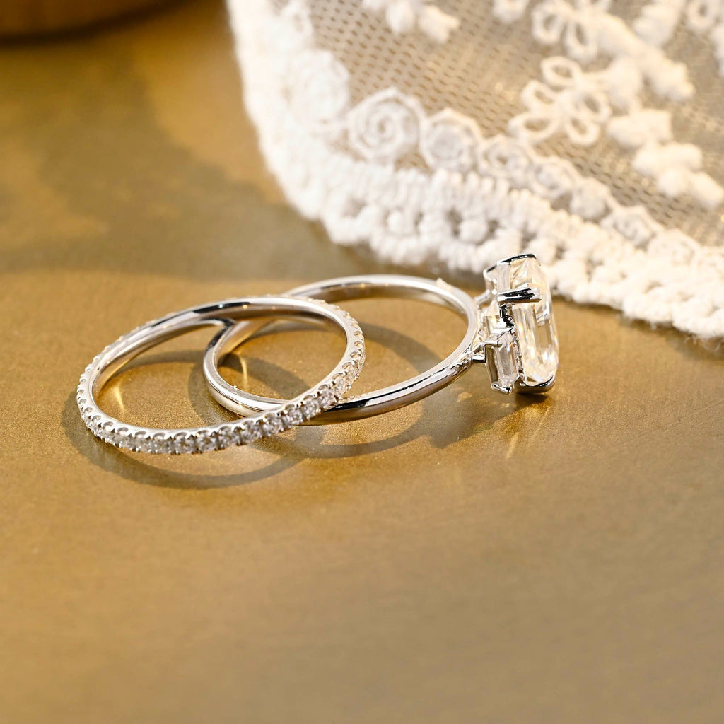 The Geneva Bridal Set - Emerald Cut Three Stone Ring with Pavé Wedding Band