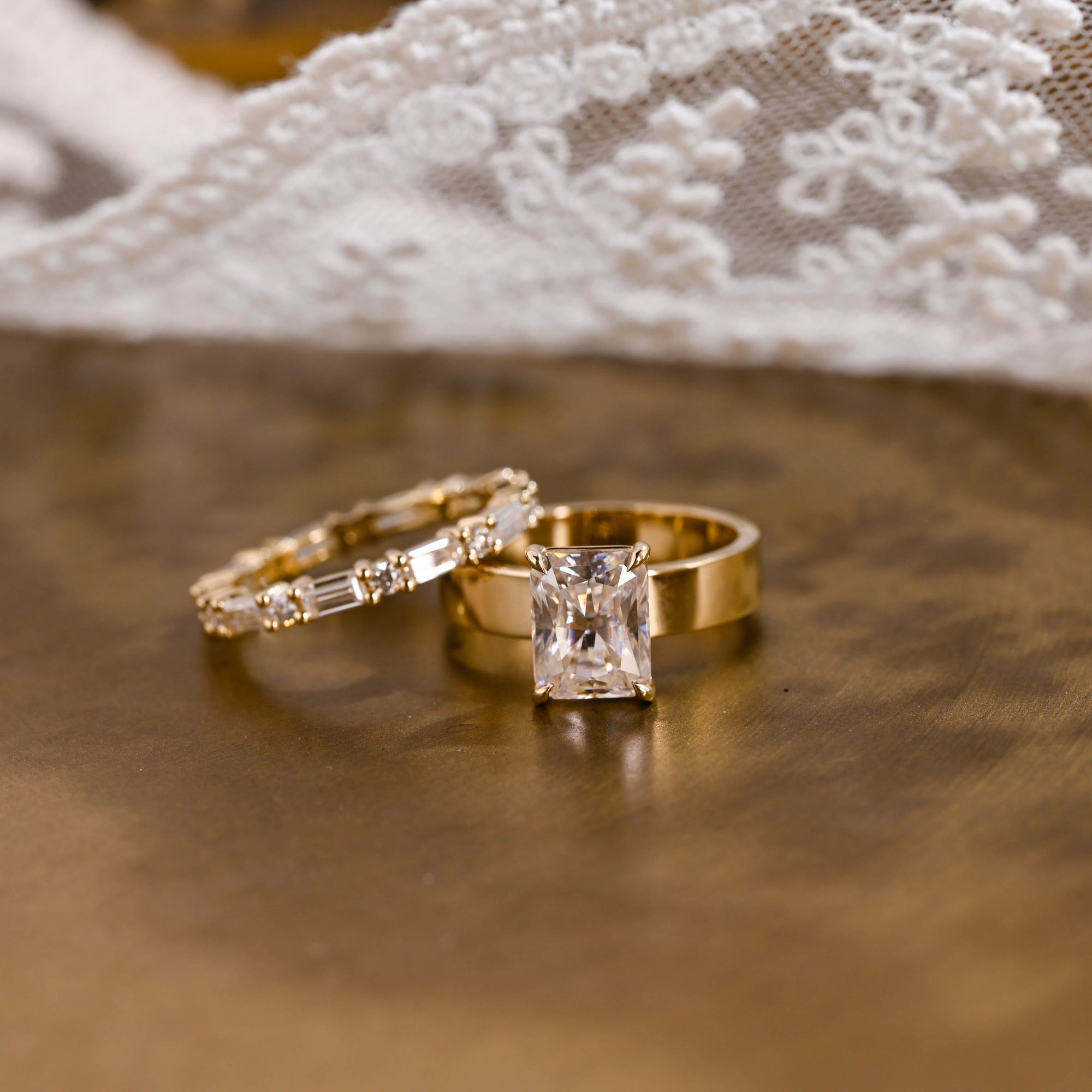 The Isadora Bridal Set - Radiant Cut Ring with Baguette Diamond Band