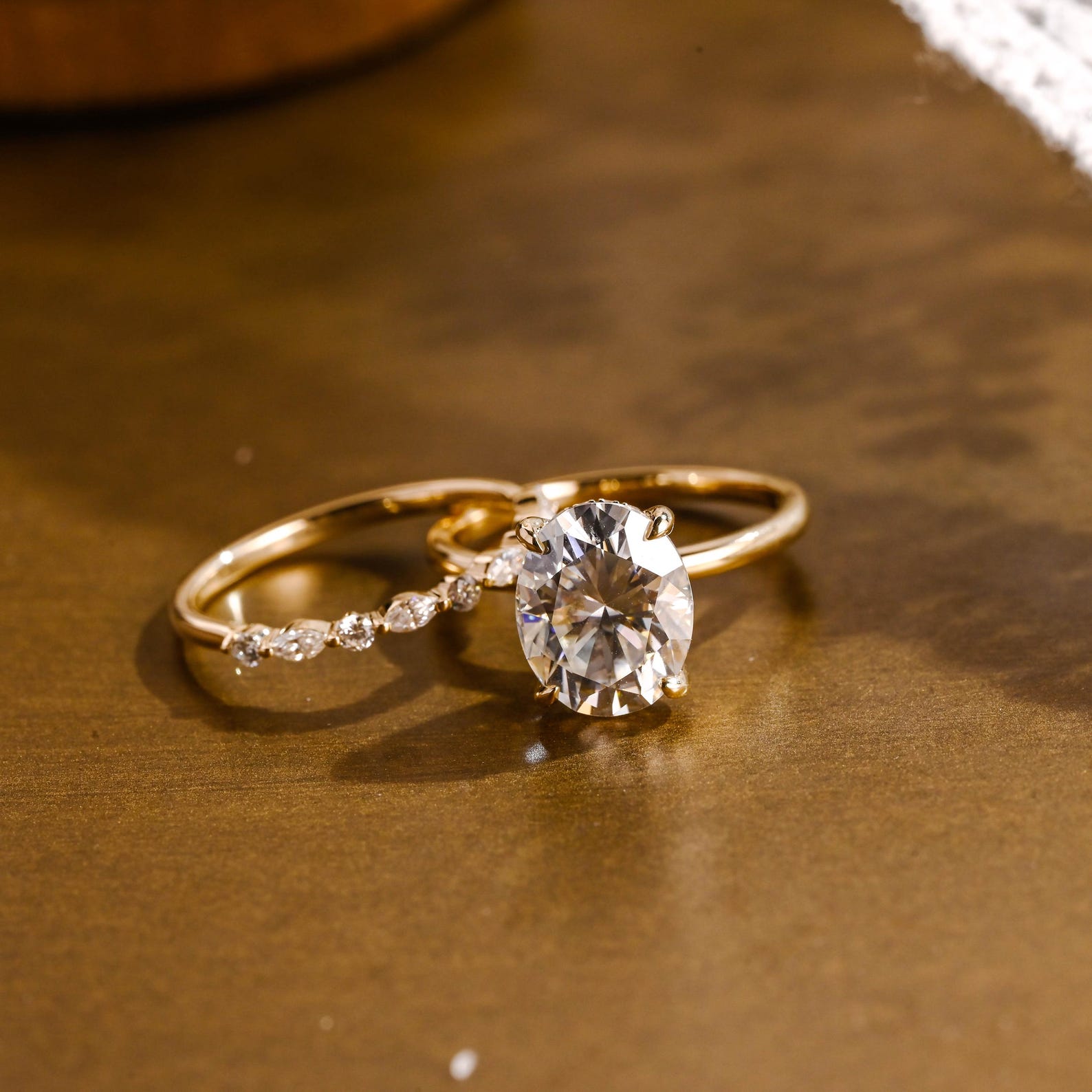The Liora Bridal Set - Oval Diamond Ring with Marquise Leaf Wedding Band