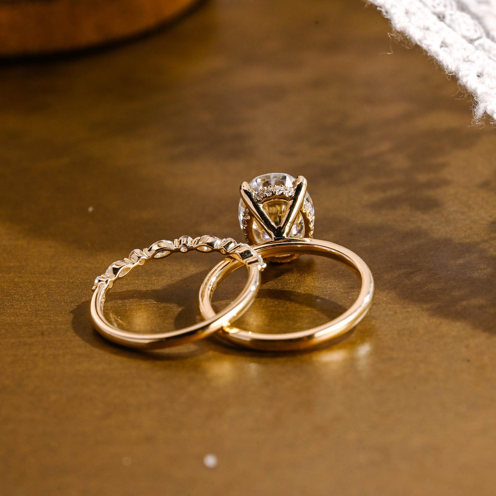 The Liora Bridal Set - Oval Diamond Ring with Marquise Leaf Wedding Band