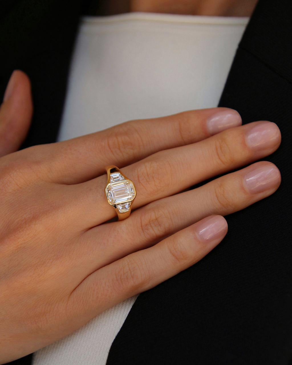 The Maren Ring - Emerald Three Stone Bezel Ring