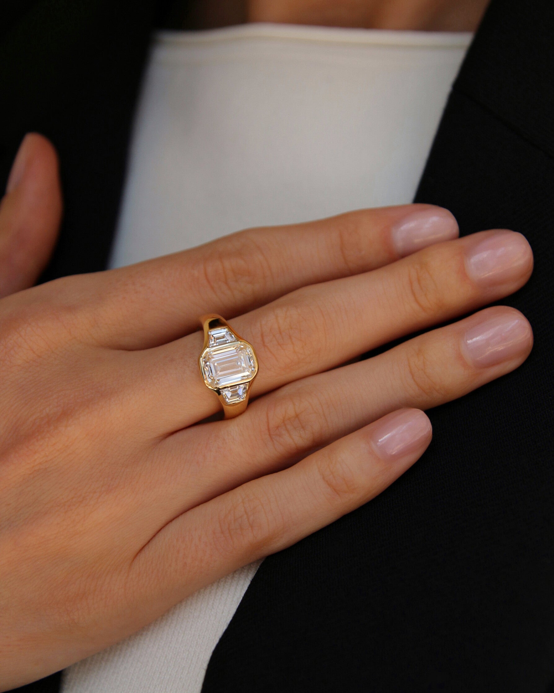 The Maren Ring - Emerald Three Stone Bezel Ring