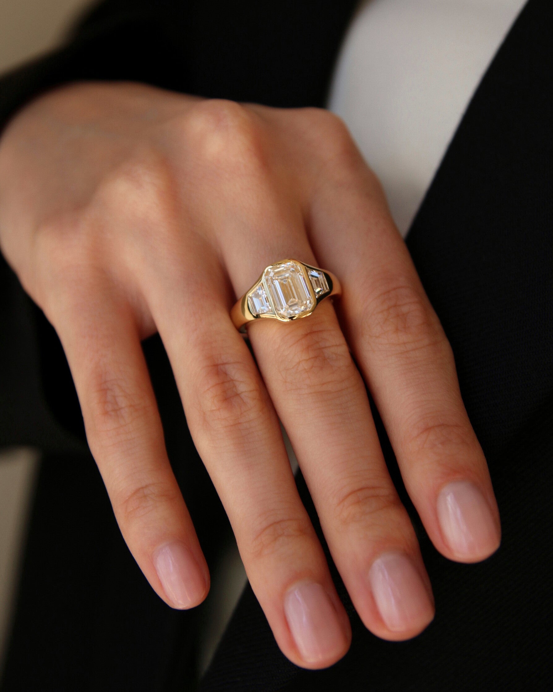 The Maren Ring - Emerald Three Stone Bezel Ring