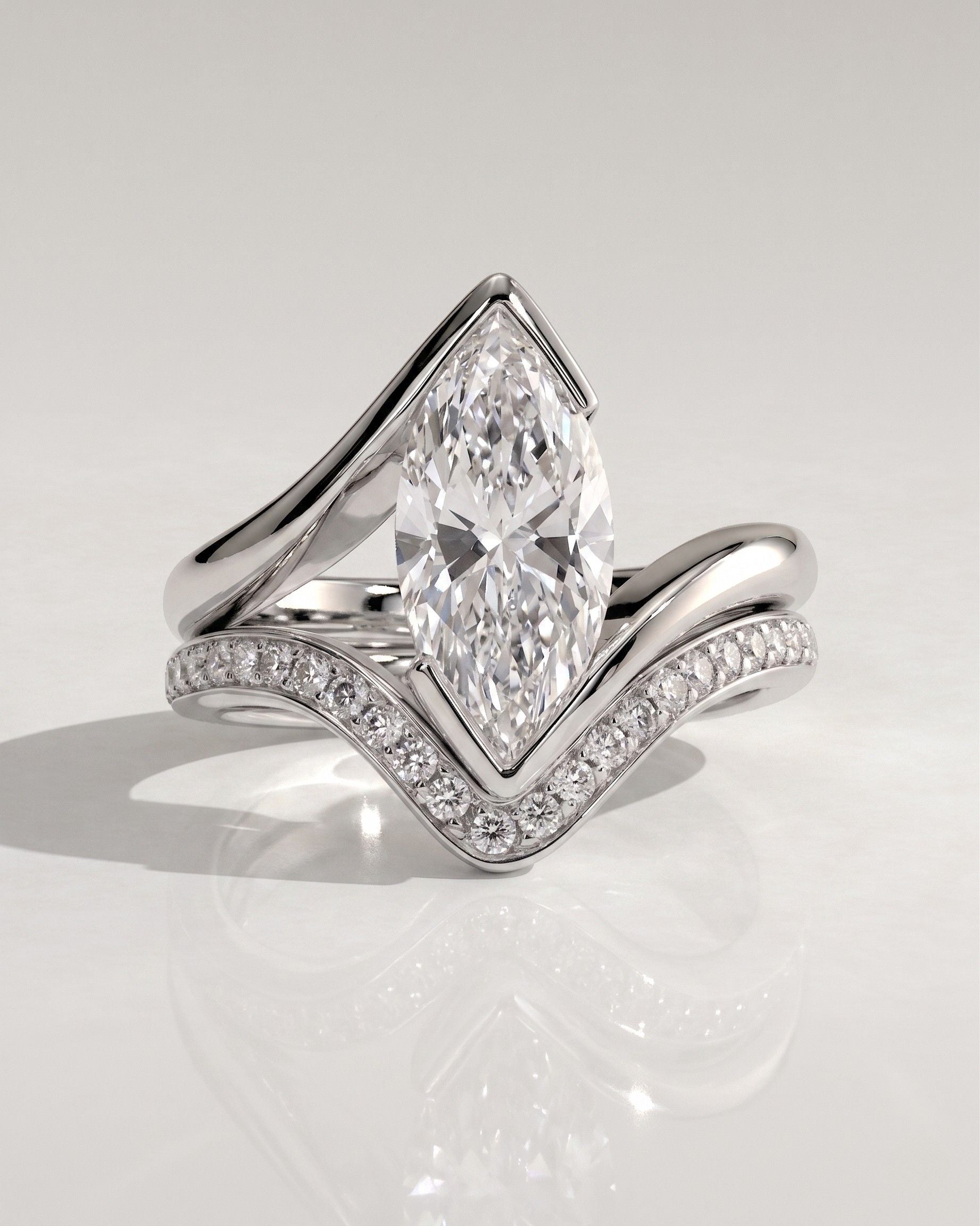 The Marielle Bridal Set - Marquise Diamond Ring with Wave Contour Band