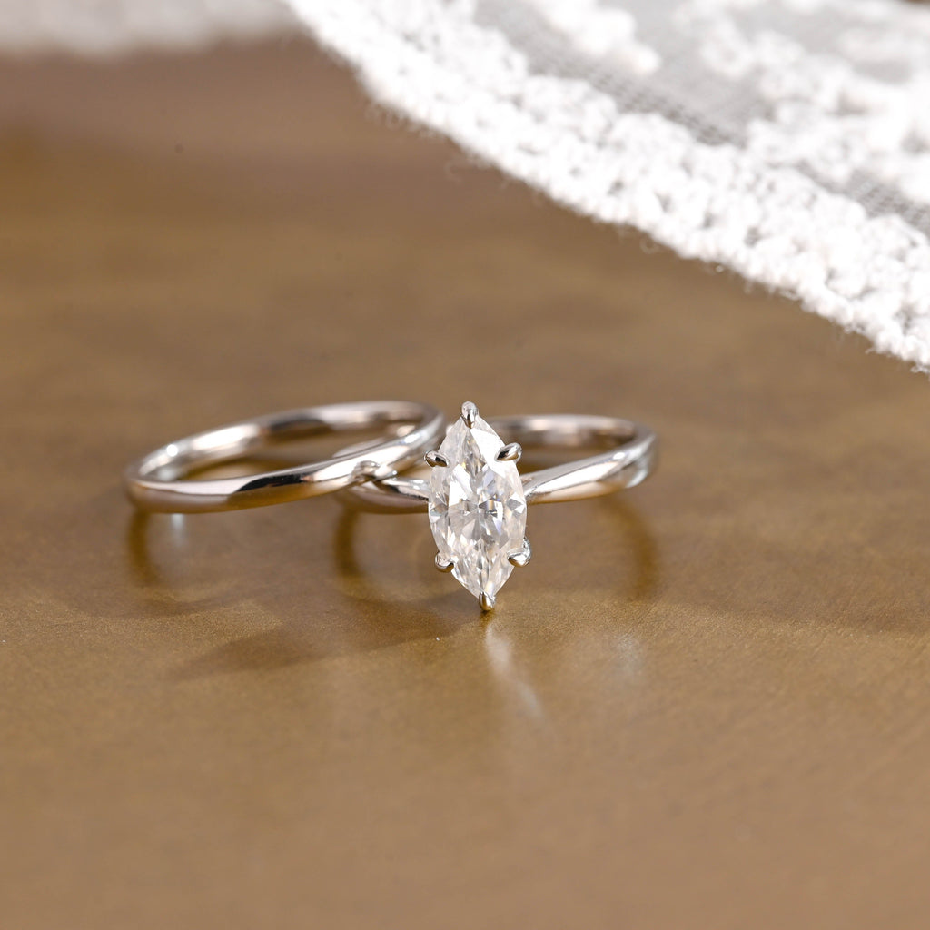 The Vivienne Bridal Set - Marquise Solitaire Ring with Plain Wedding Band