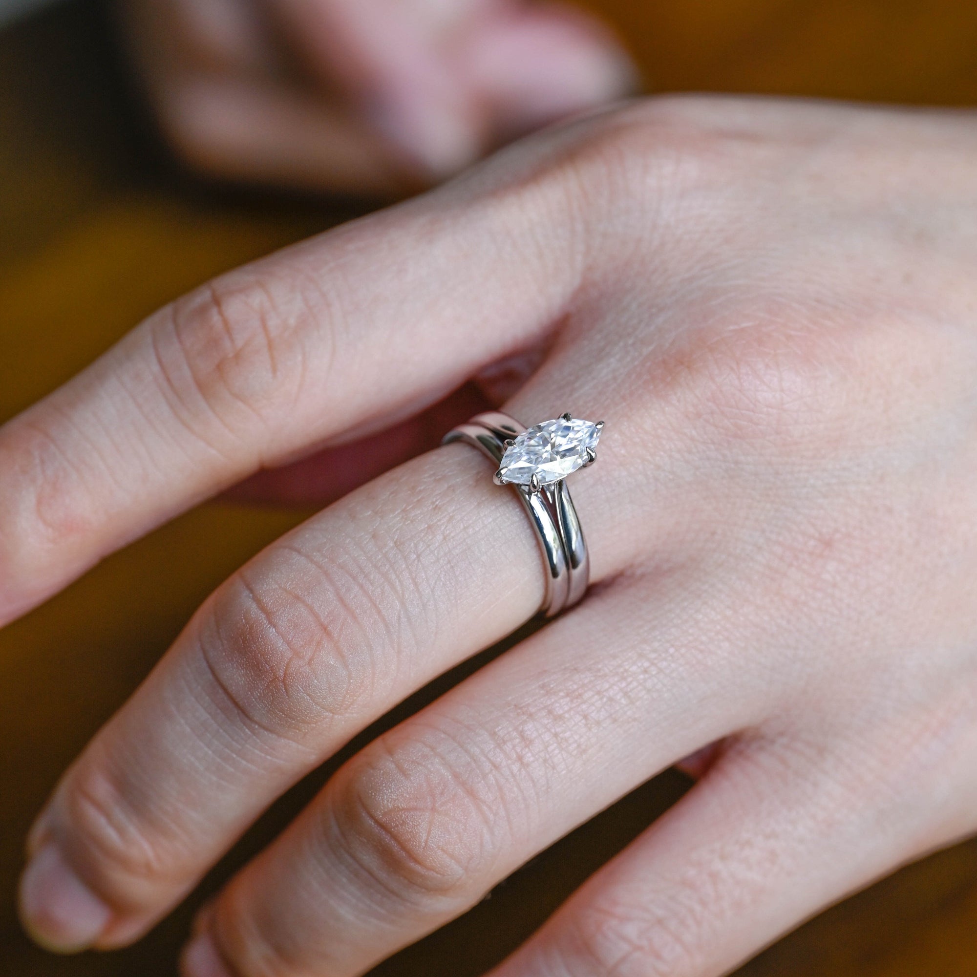 The Vivienne Bridal Set - Marquise Solitaire Ring with Plain Wedding Band