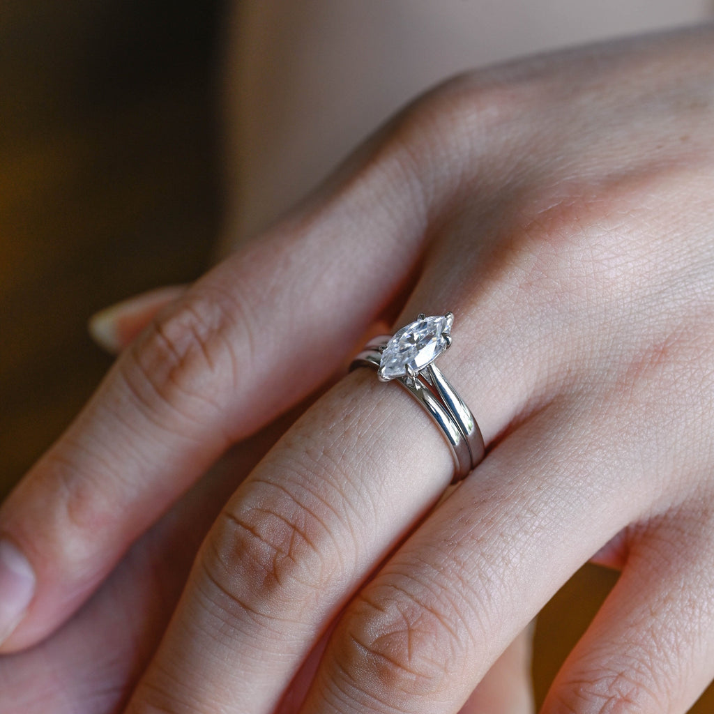 The Vivienne Bridal Set - Marquise Solitaire Ring with Plain Wedding Band