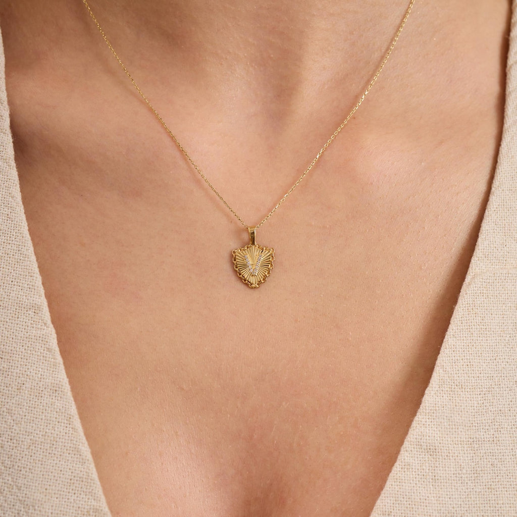V Letter Diamond Shield Initial Necklace