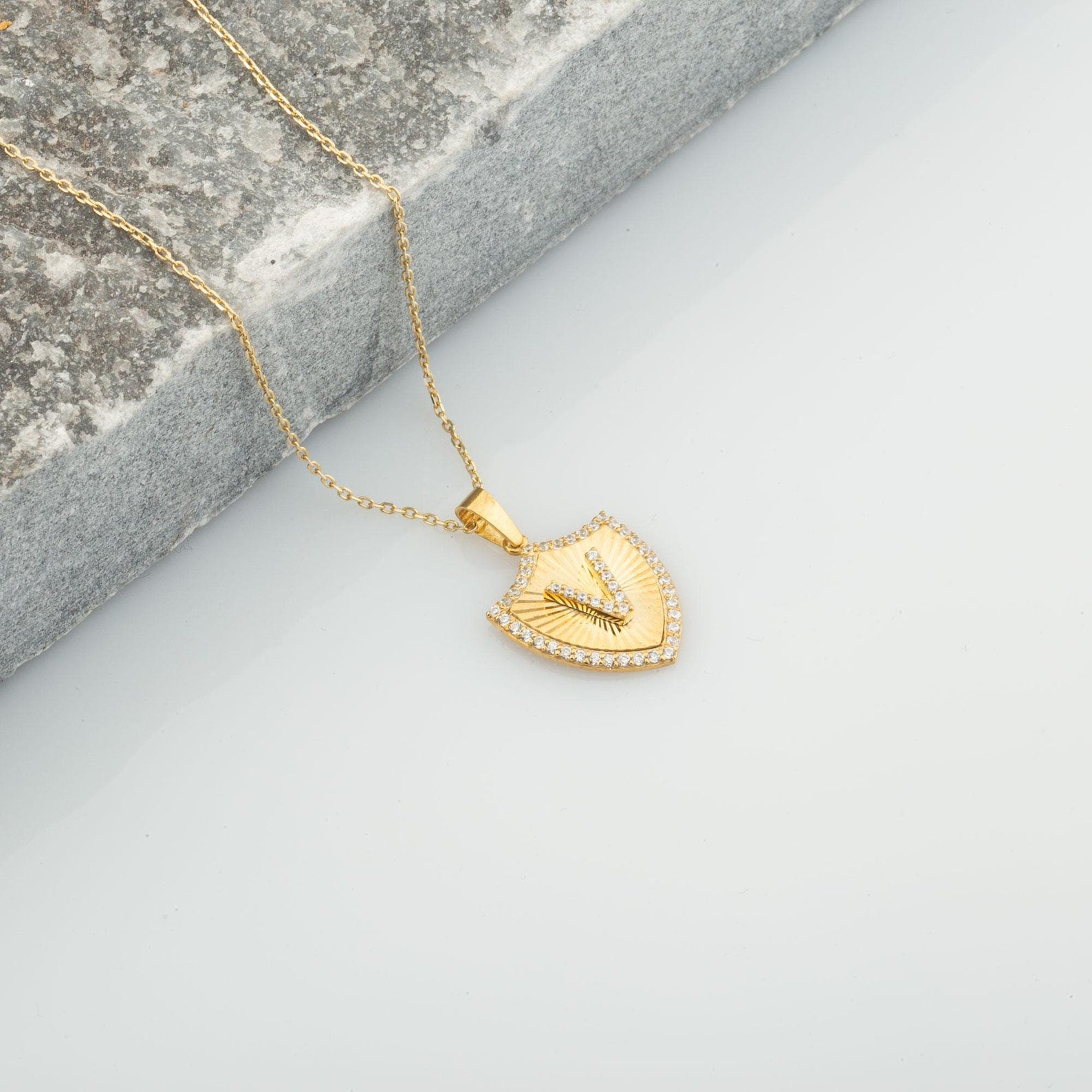 V Letter Shield Initial Necklace