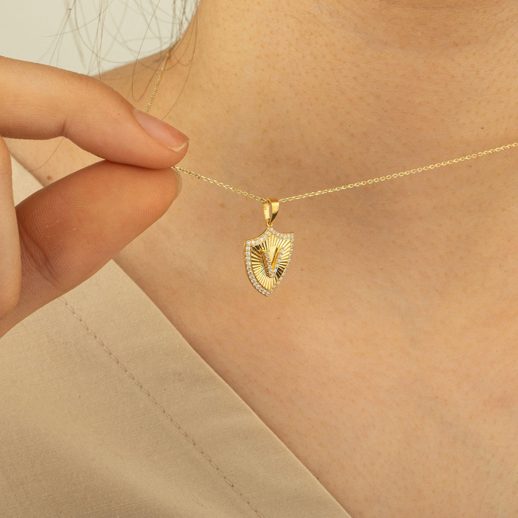 V Letter Shield Initial Necklace