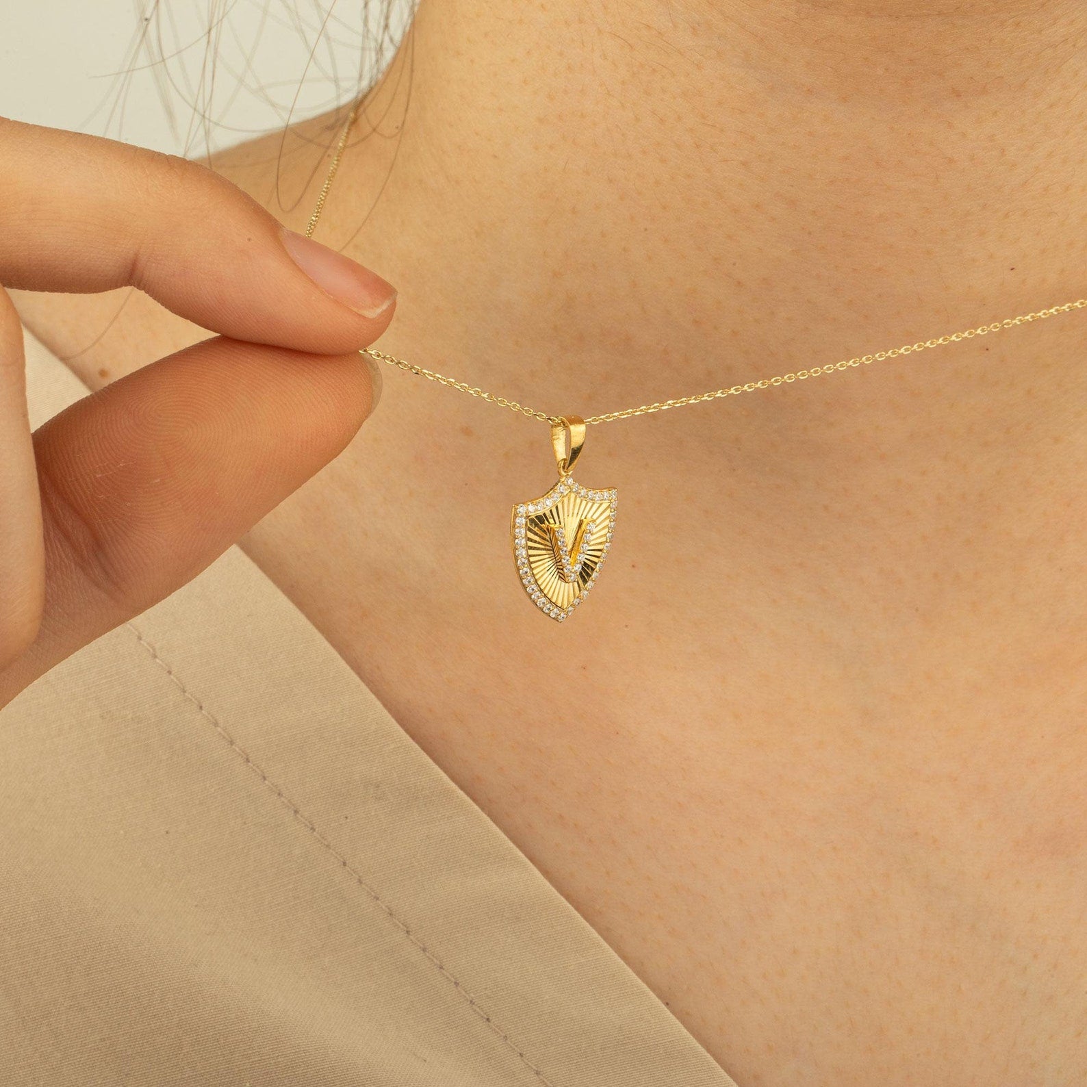V Letter Shield Initial Necklace