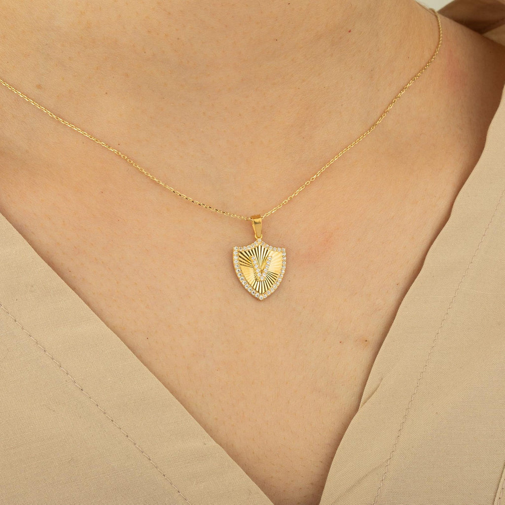 V Letter Shield Initial Necklace
