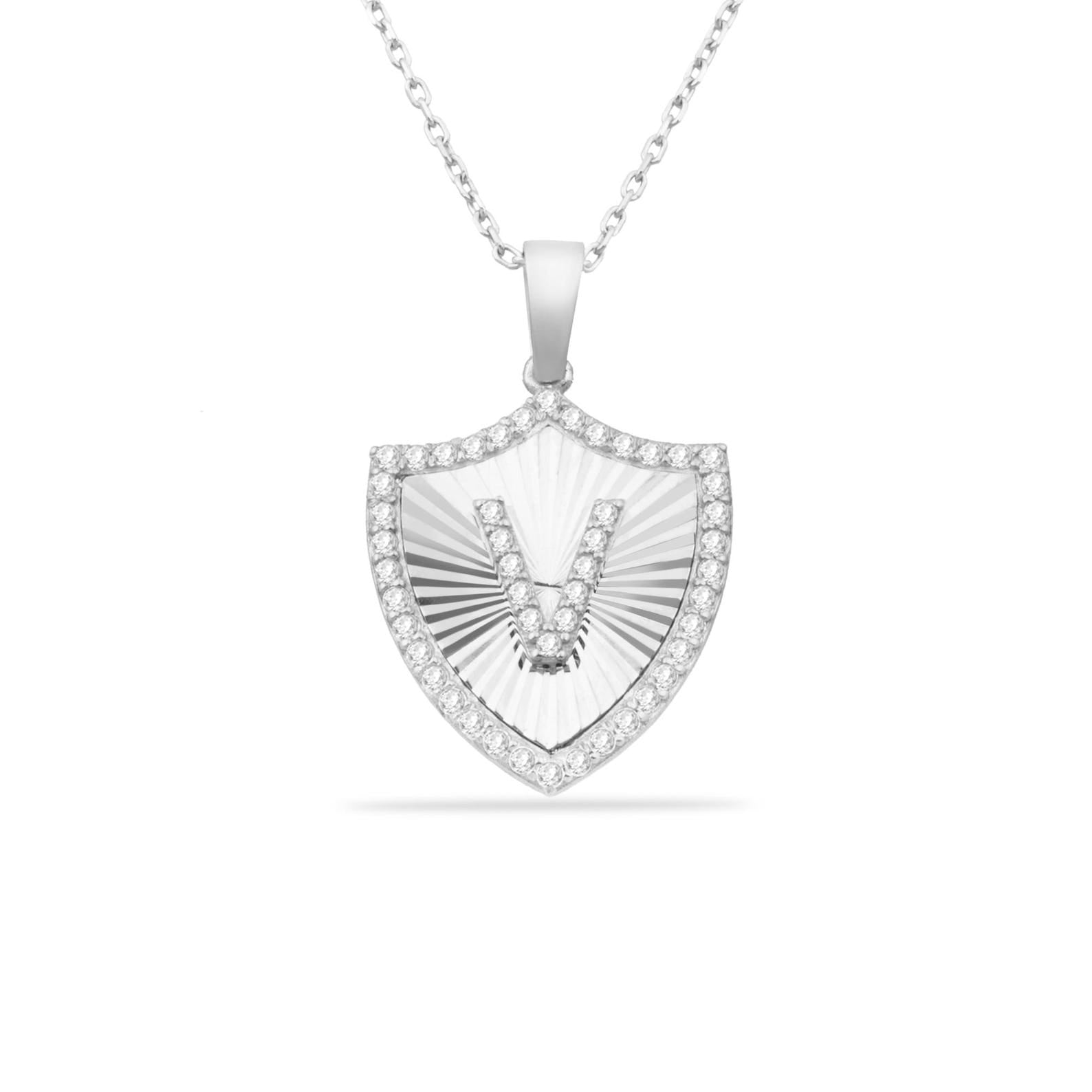 V Letter Shield Initial Necklace